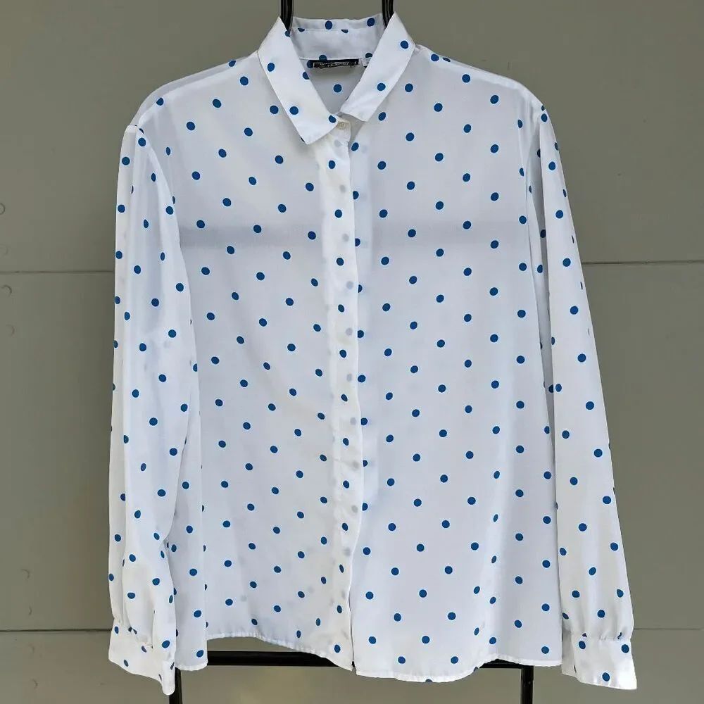 VTG Haberdashery Polka Dot Blouse White Blue Minimal Prep Retro Top L